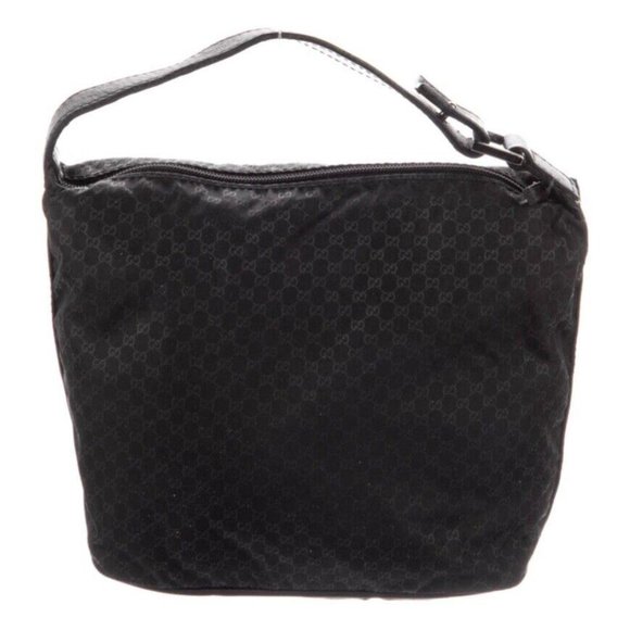 Gucci GG Nylon Black Mini Hobo Bag Leather Trim Silver Hardware Button Strap - Picture 2 of 5